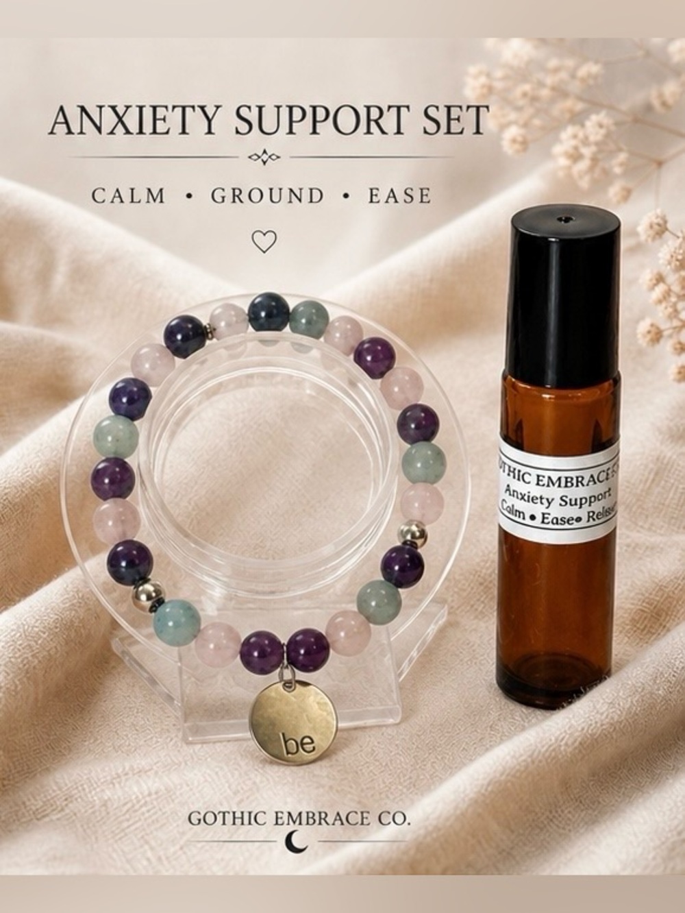 Gothic Embrace Anxiety Support Bracelet & Essential Oil Set Calm Ground Healing